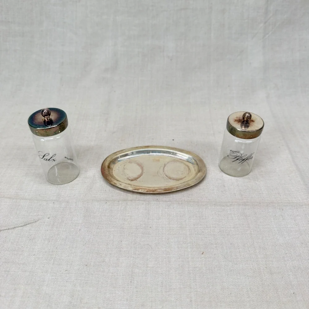 Vintage German Salz Pfeffer Salt Pepper Set Silver Plate Tray Cottage Kitchen
